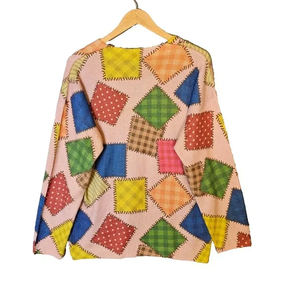 Talk of the Walk Womens L Patchwork Colorblock Knit Sweater Boho Artisan Sparkle - Picture 4 of 13